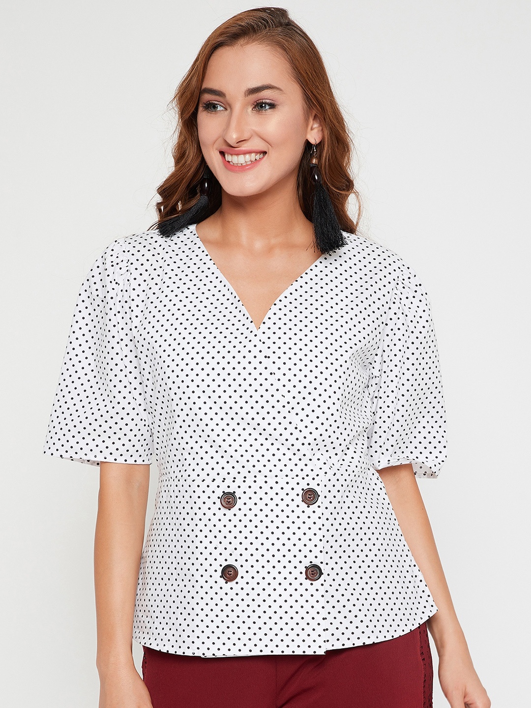 

Carlton London Women Off-White & Black Polka Dot Printed Wrap Pure Cotton Top