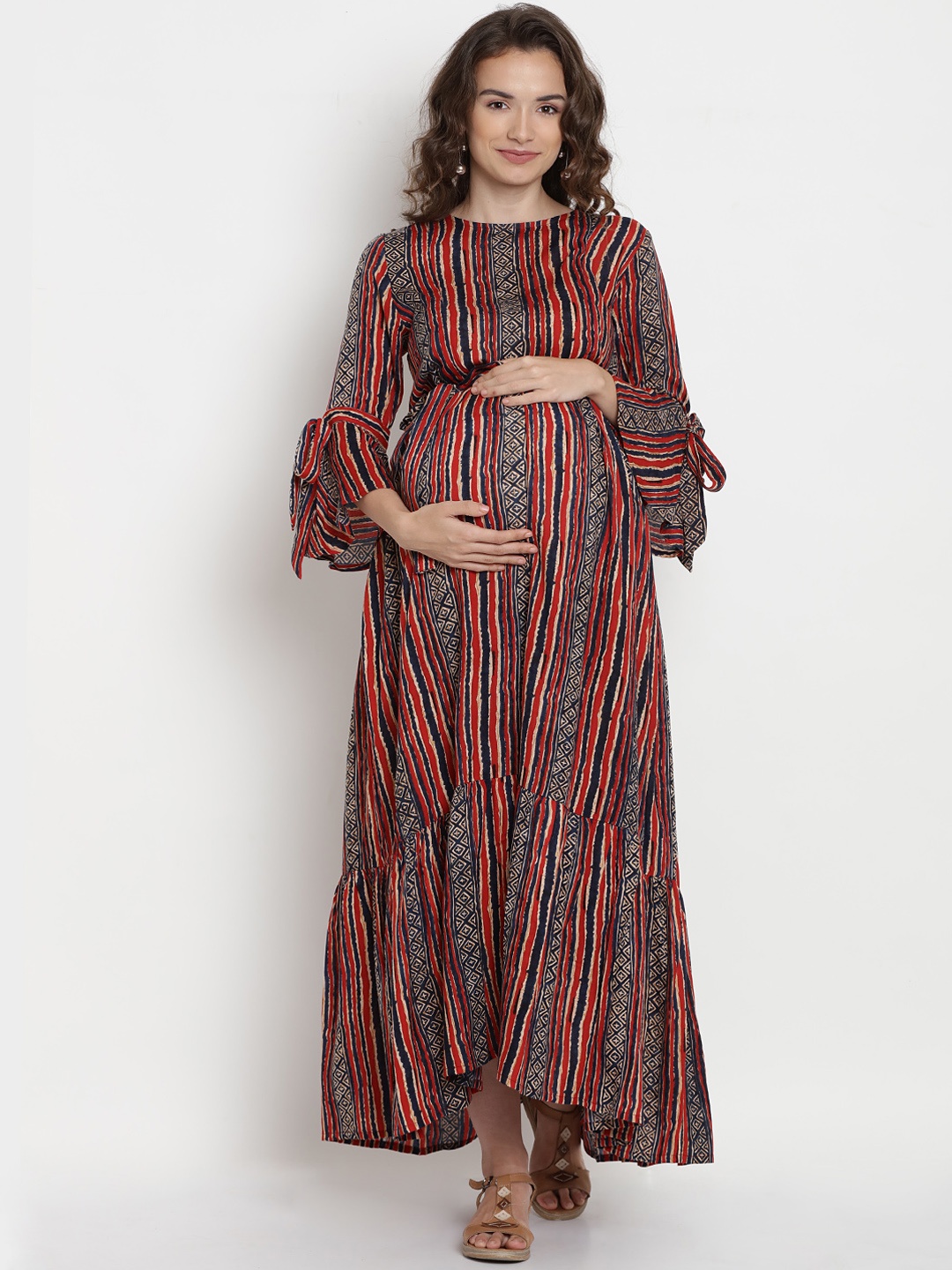 

Mine4Nine Women Red & Black Striped Maternity Maxi Dress
