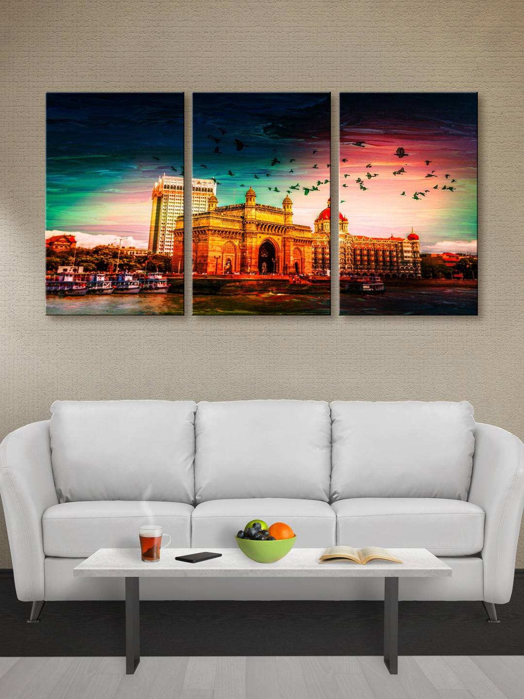 

999Store Multicoloured Set of 3 Mumbai City Canvas Wall Art, Multi
