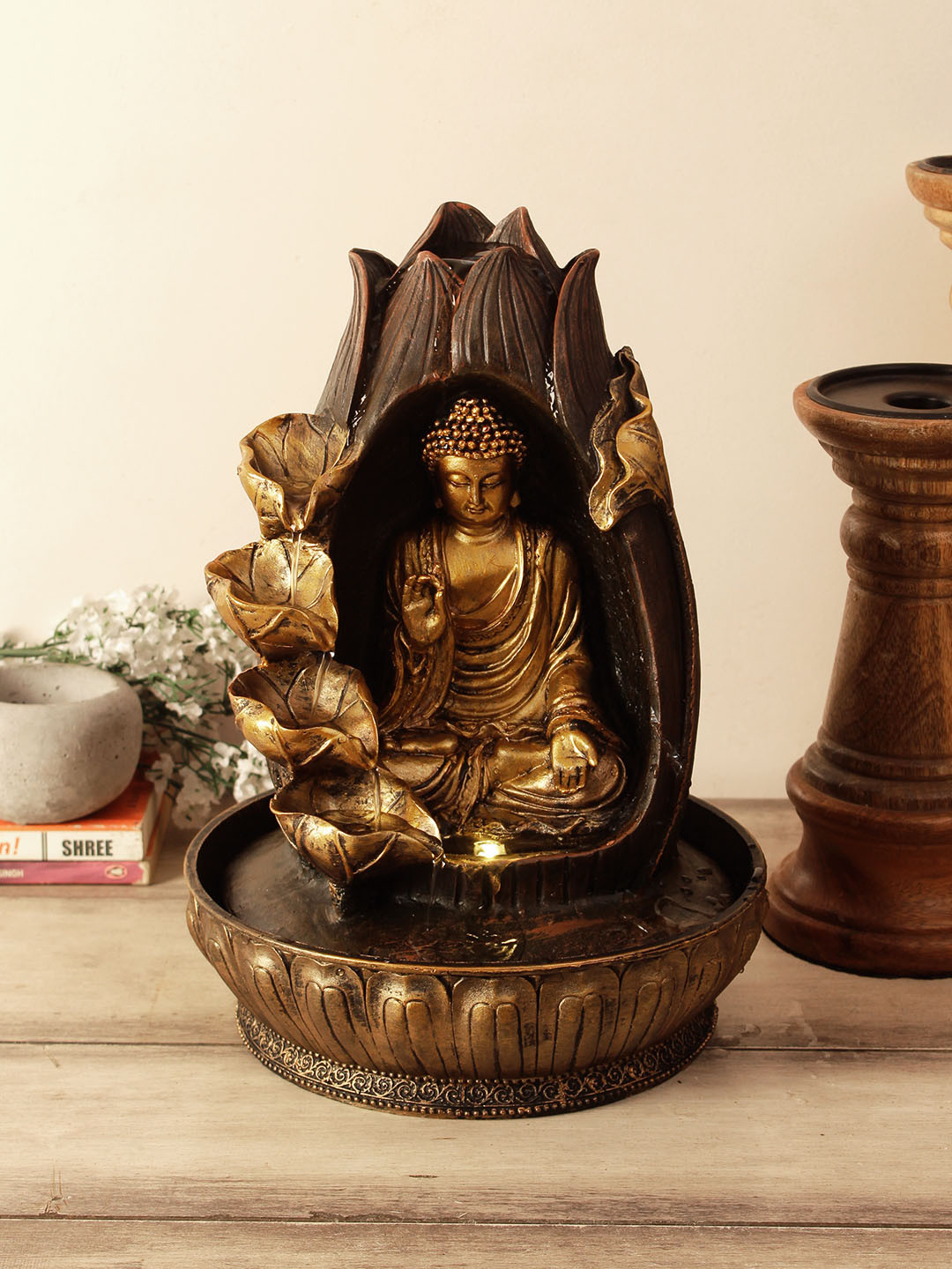 

HomeTown Brown & Gold-Toned Buddha Petals Small Decorative Water Fountain