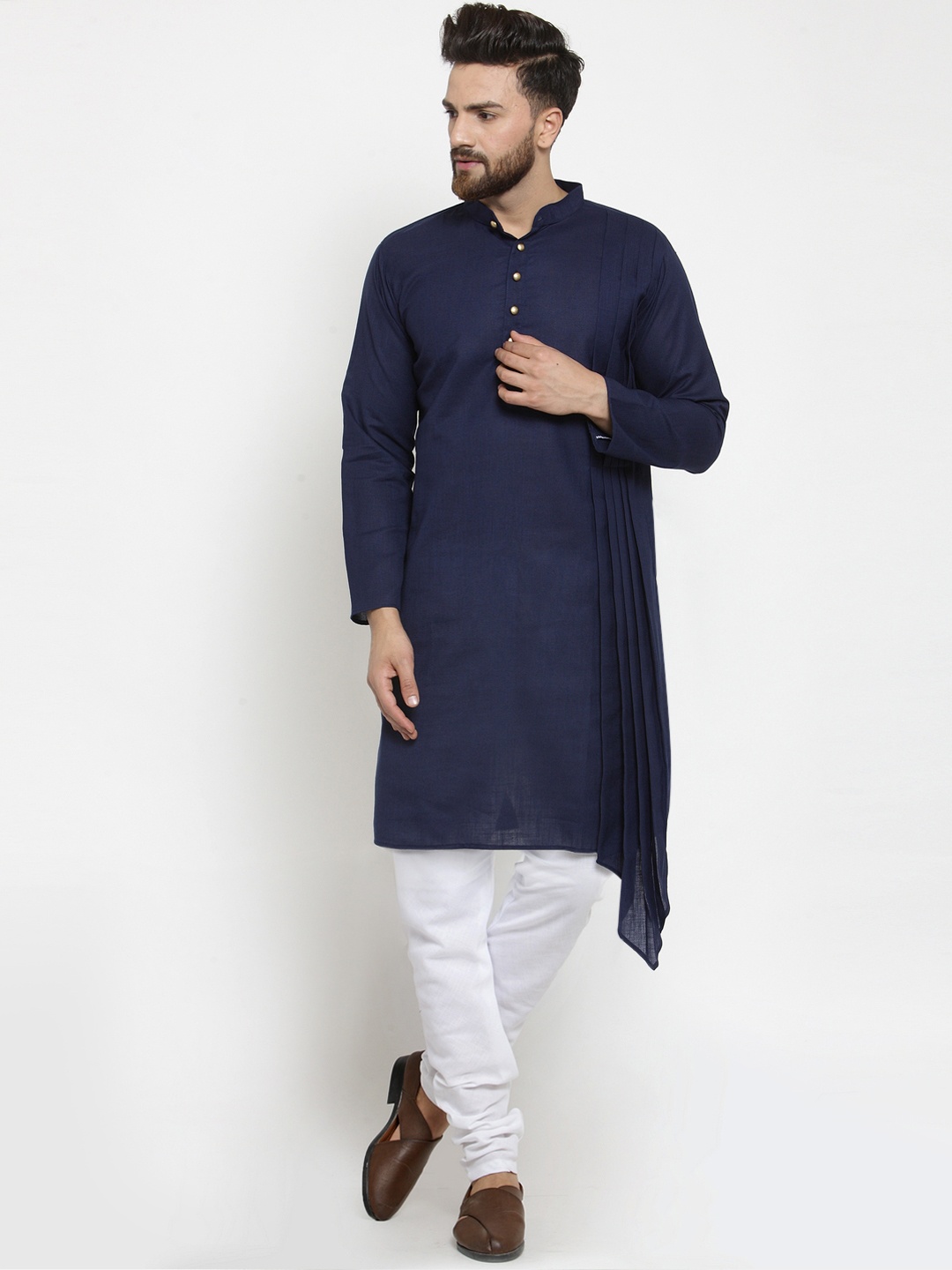 

TREEMODA Men Navy Blue & White Solid Kurta with Churidar