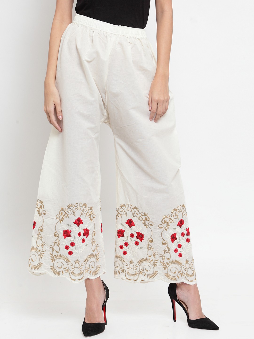 

Clora Creation Women Off-White Embroidered Wide Leg Palazzos