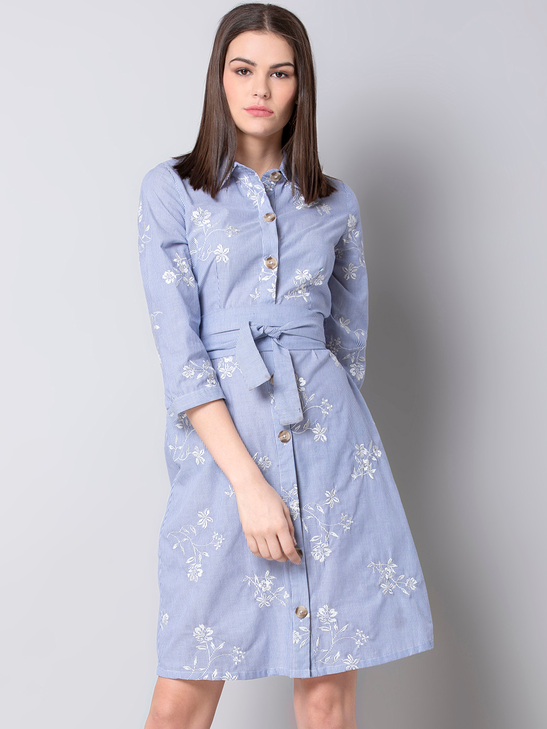 

FabAlley Women Blue Floral Printed Shirt Dress