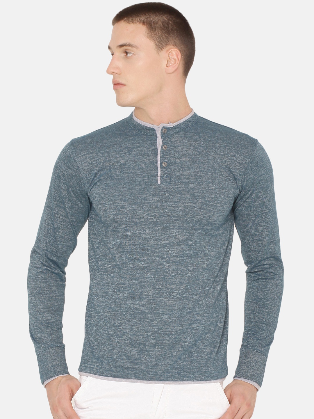 

ARISE Men Teal Green Solid Henley Neck T-shirt