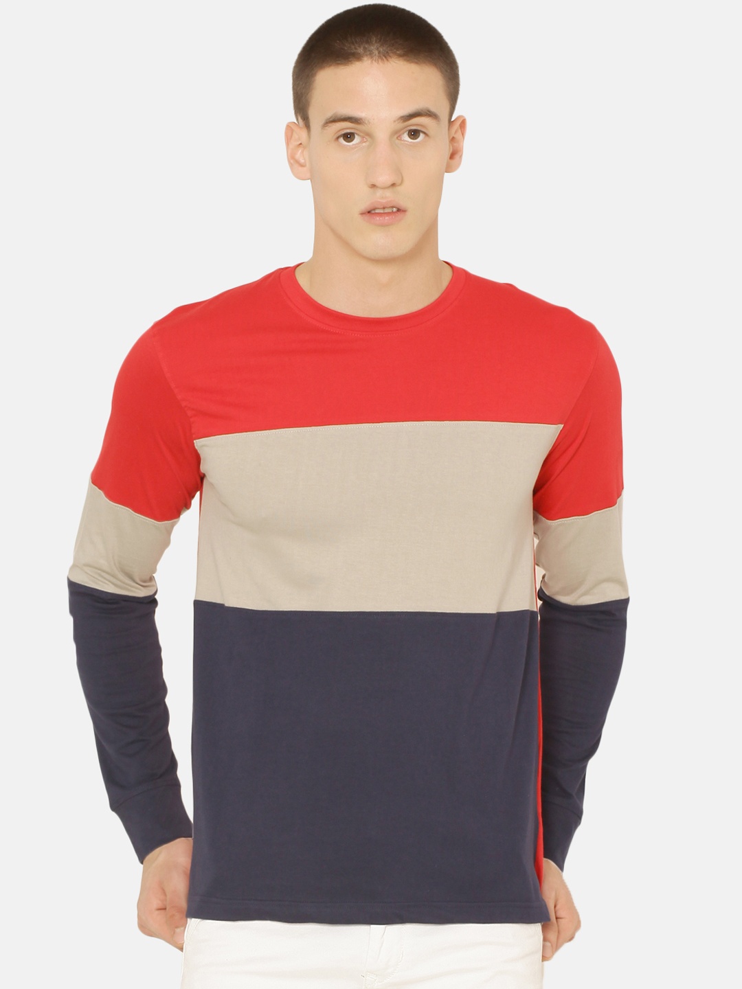 ARISE Men Red Colourblocked Round Neck Pure Cotton T-shirt