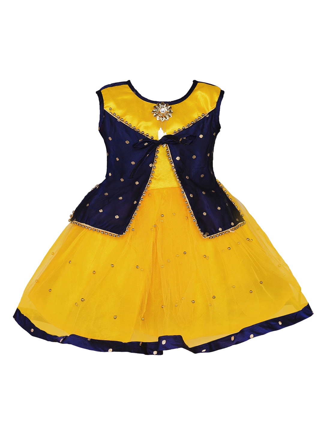 

Wish Karo Girls Navy Blue & Yellow Fit and Flare Dress