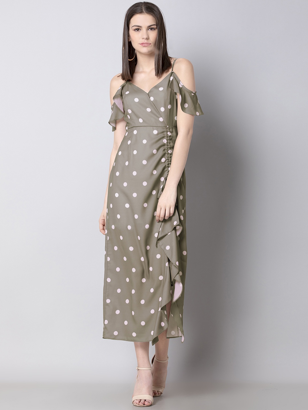 

FabAlley Women Olive Green & Beige Polka Dot Print Wrap Dress
