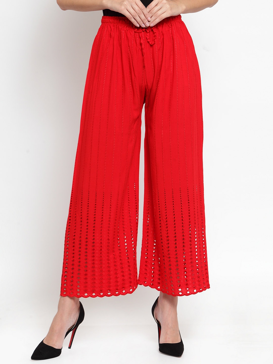 

Clora Creation Women Red Embroidered Straight Palazzos