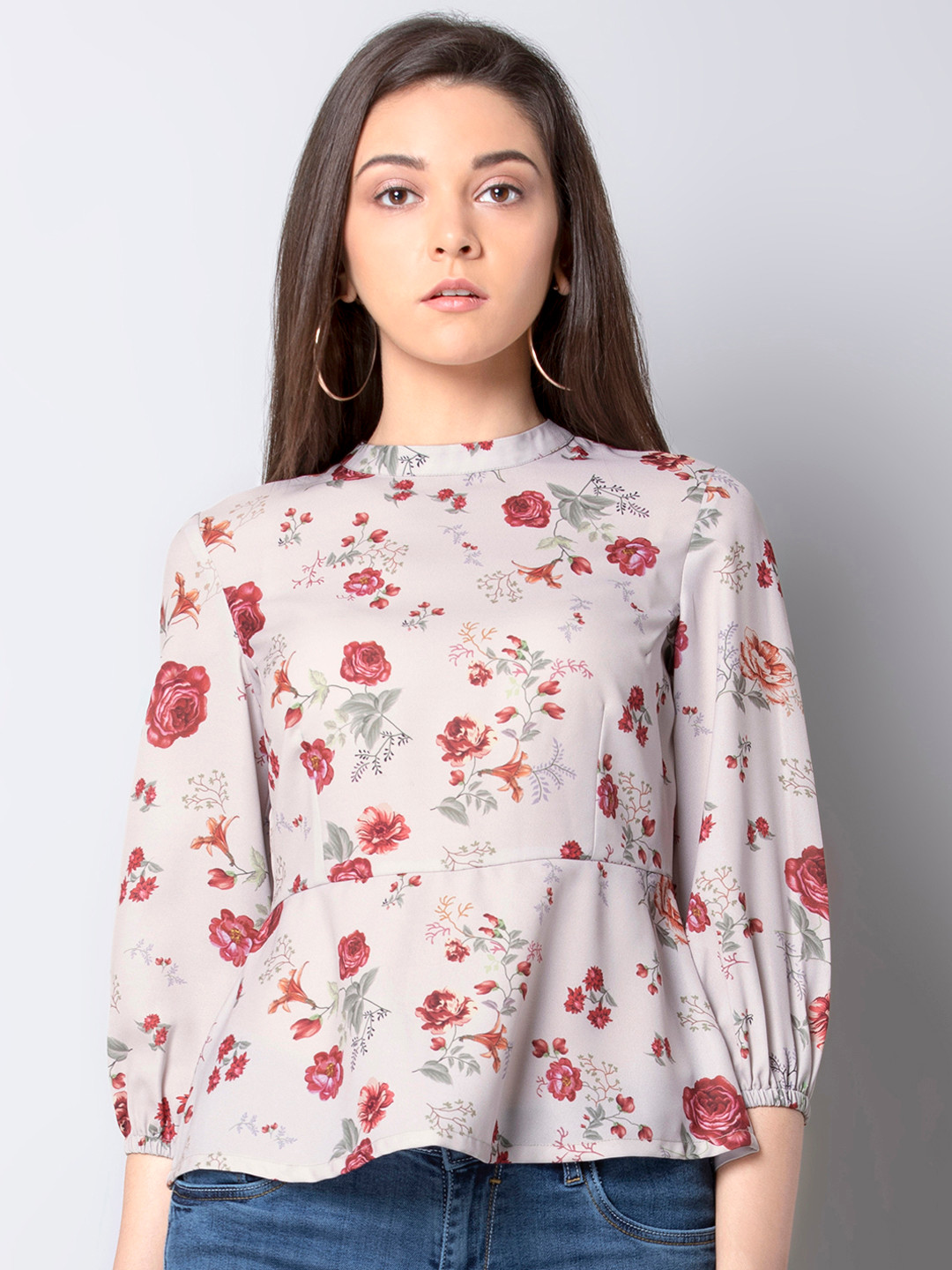 

FabAlley Women Grey Floral Print Peplum Top