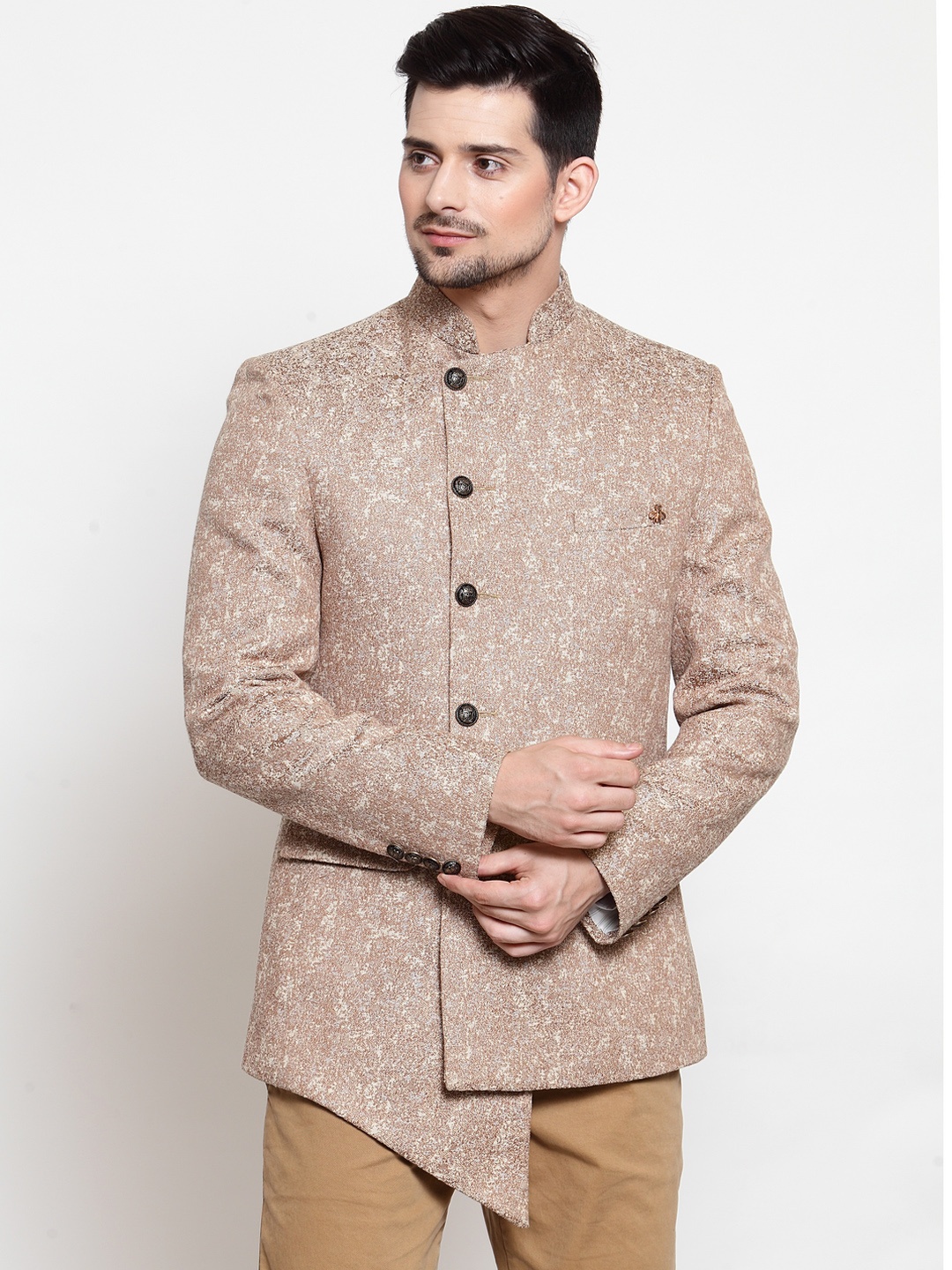 

LUXURAZI Men Beige Self-Design Slim-Fit Bandhgala Blazer