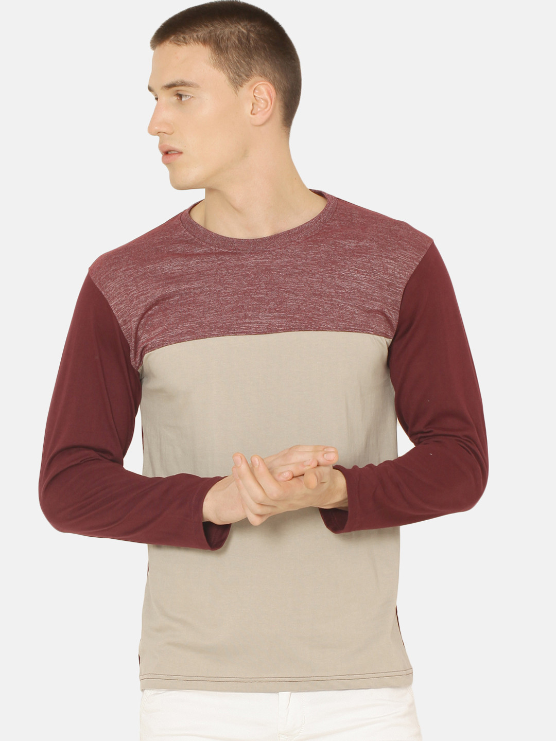 

ARISE Men Grey Maroon Colourblocked Round Neck Pure Cotton T-shirt