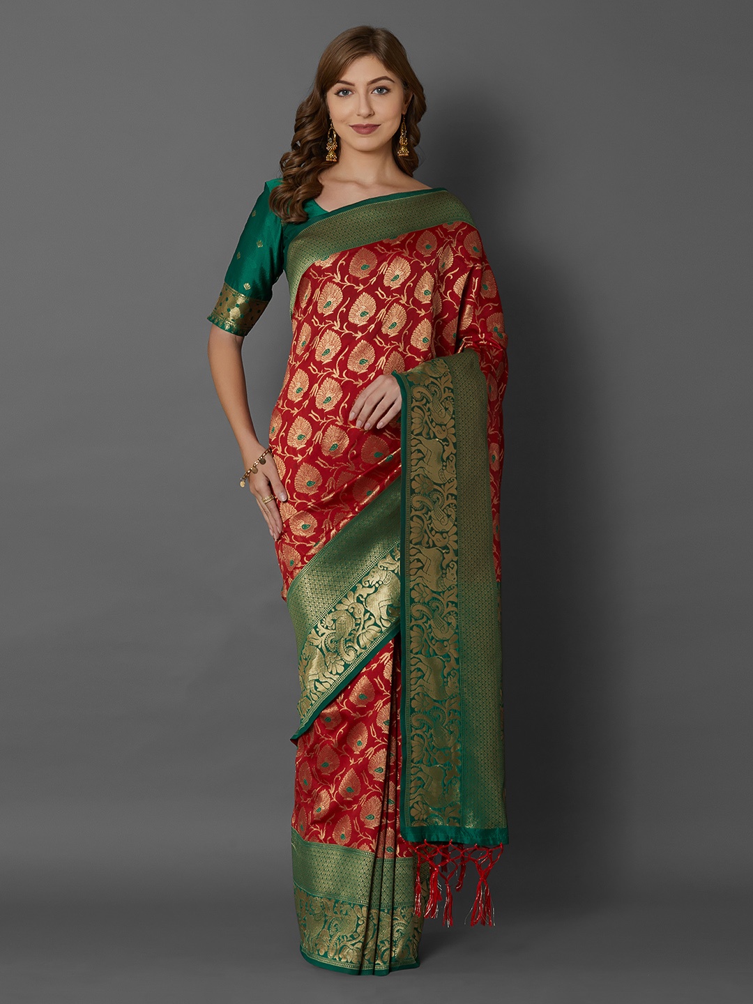 

Mitera Red & Gold-Coloured Silk Blend Woven Design Banarasi Saree