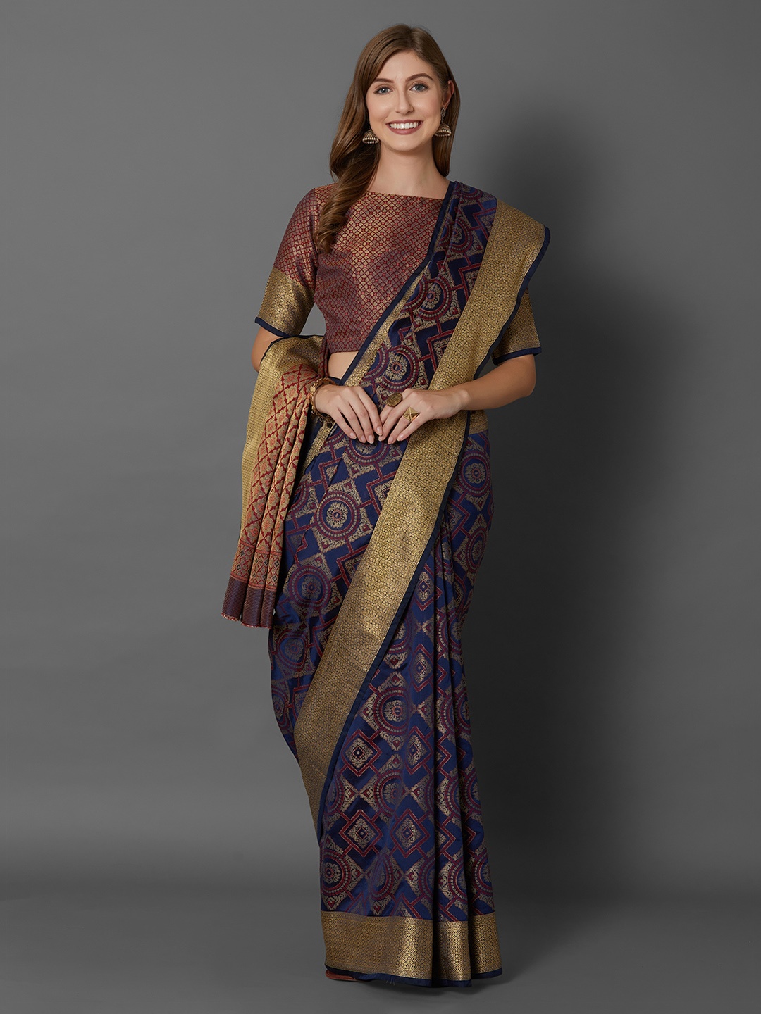 Mitera Navy Blue Silk Blend Woven Design Banarasi Saree