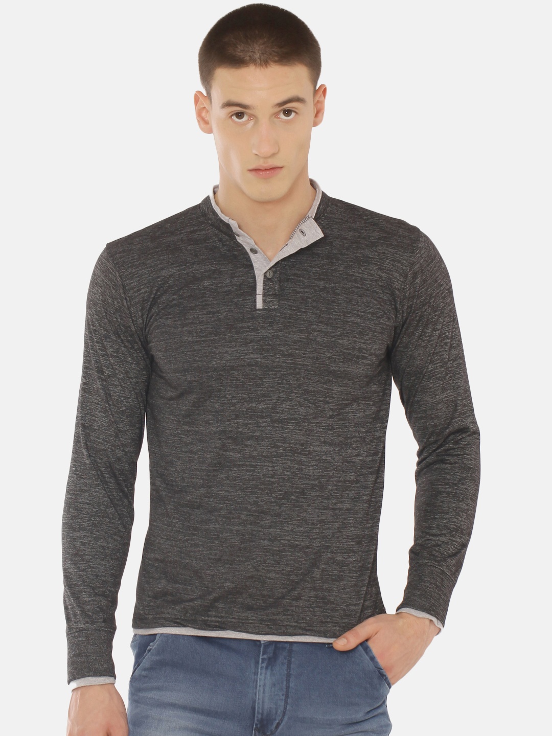 ARISE Men Charcoal Black Solid Henley Neck T-shirt
