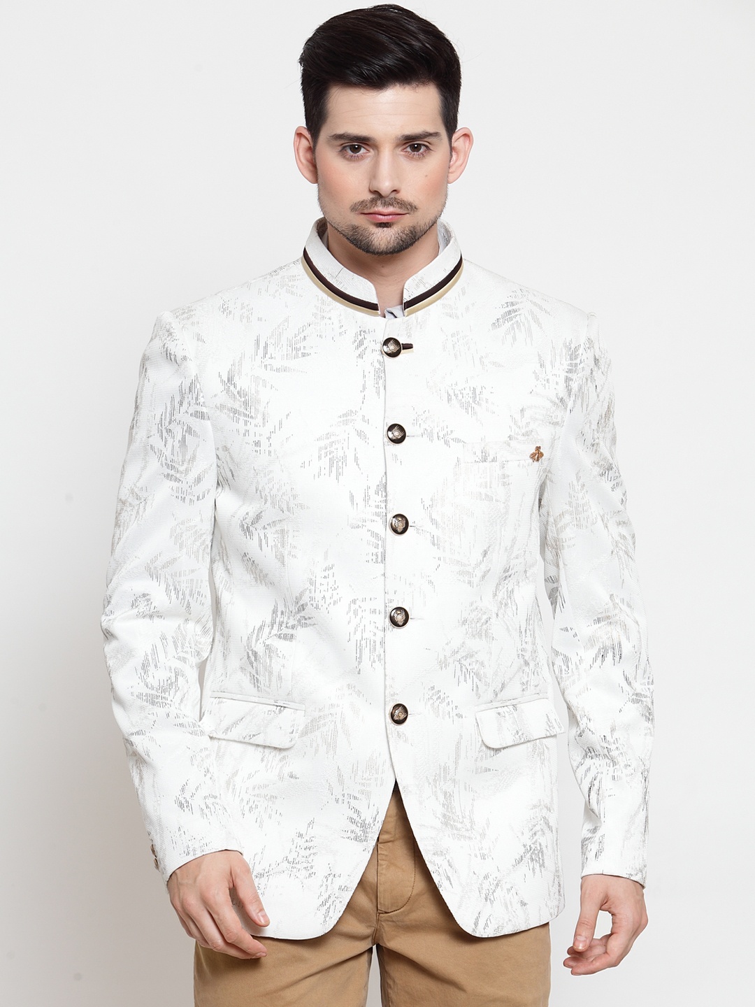 

LUXURAZI Men White Printed Slim-Fit Bandhgala Blazer