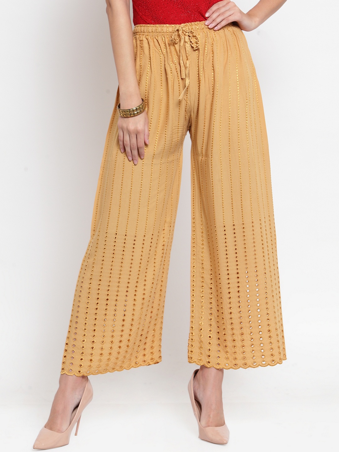 Clora Creation Women Beige Embroidered Wide Leg Palazzos