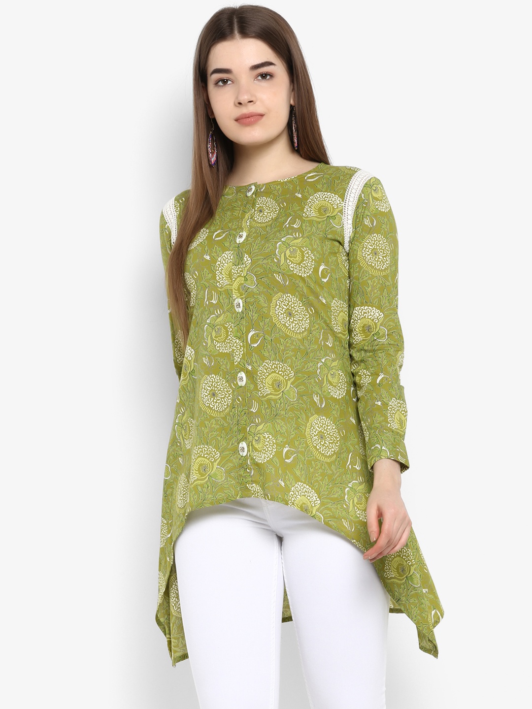 

ETHNIC STREET Women Green Printed Longline High-Low Pure Cotton Top