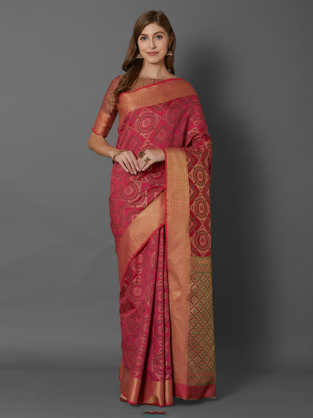 

Mitera Pink Silk Blend Woven Design Banarasi Saree