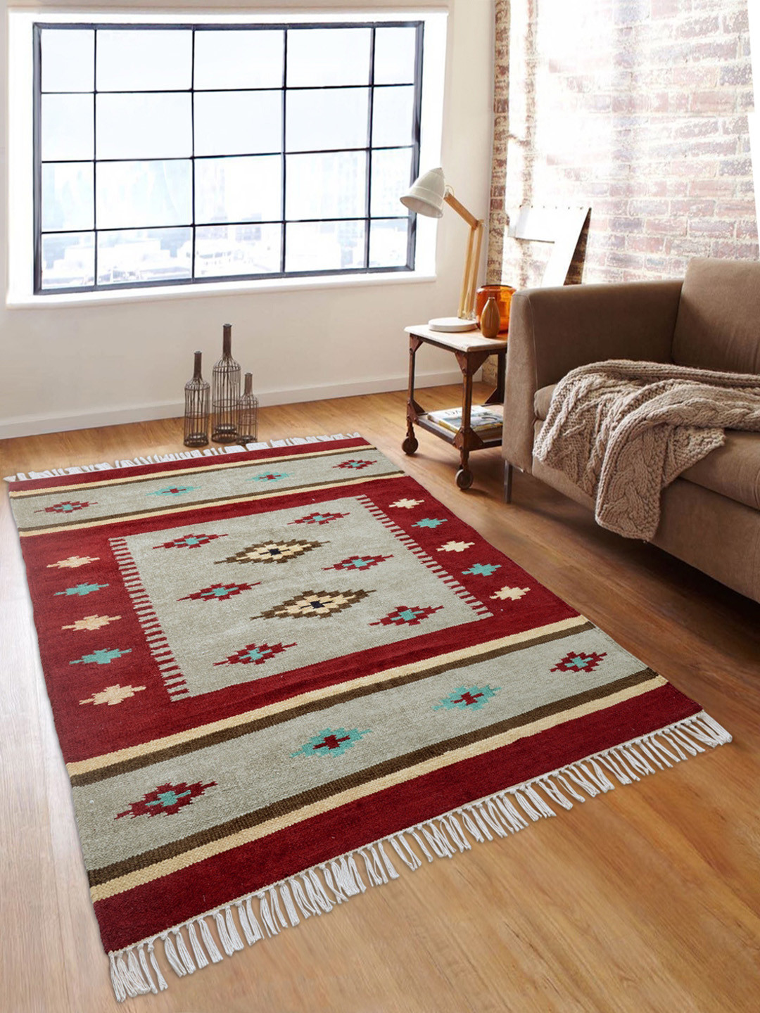 

ROMEE Maroon & Grey Printed Anti-Skid Dhurrie