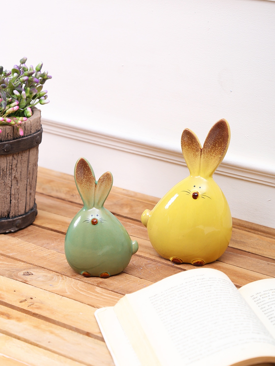 

TAYHAA Set of 2 Yellow & Green Rabbits Ceramic Showpiece
