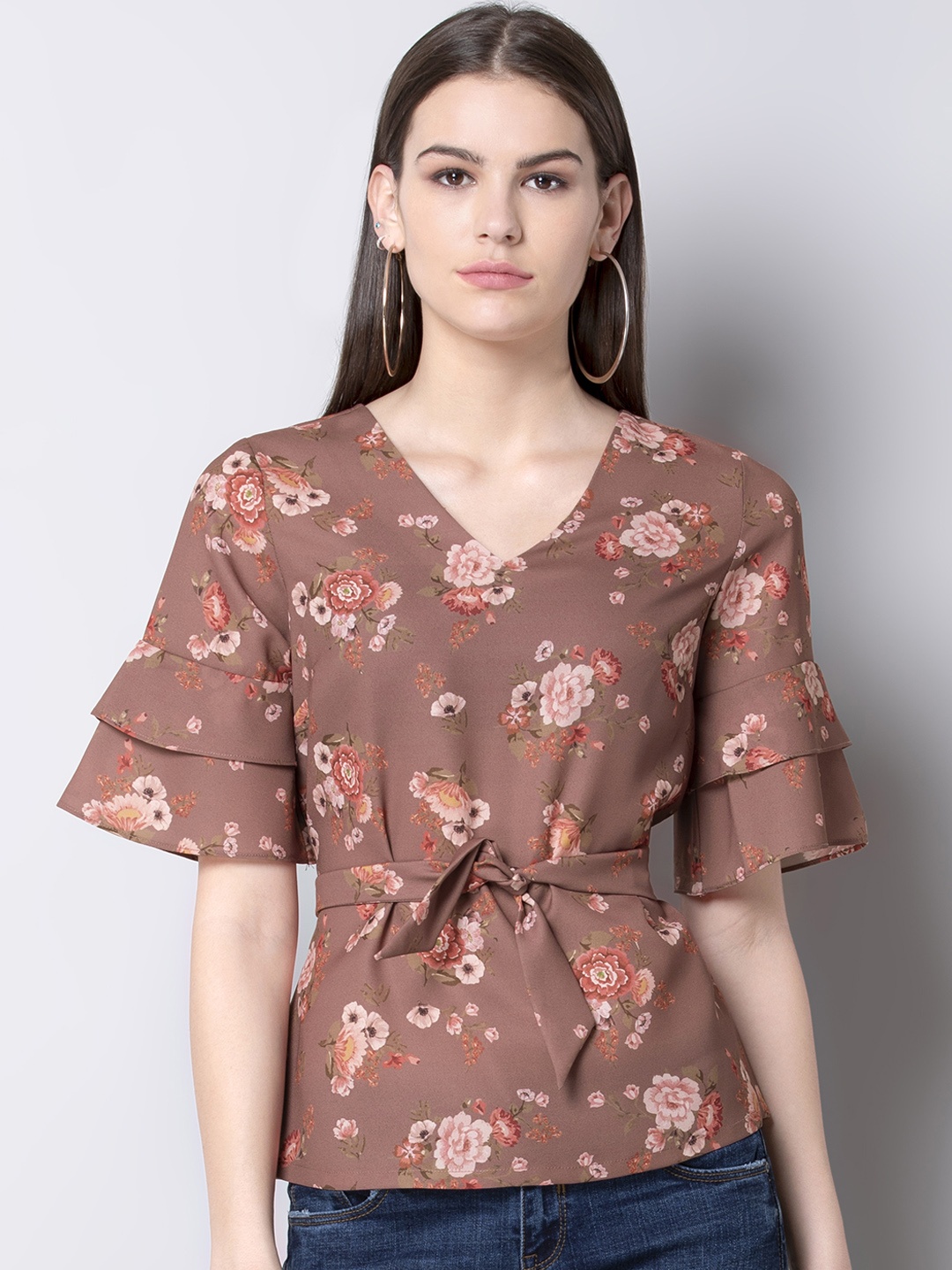 

FabAlley Women Brown Floral Print Cinched Waist Top