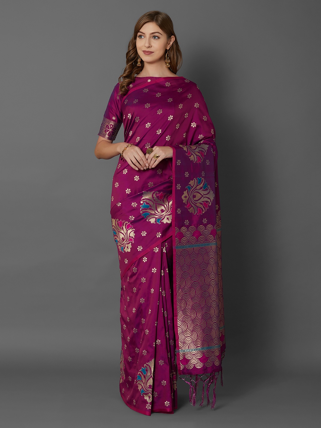 

Mitera Magenta Silk Blend Woven Design Banarasi Saree