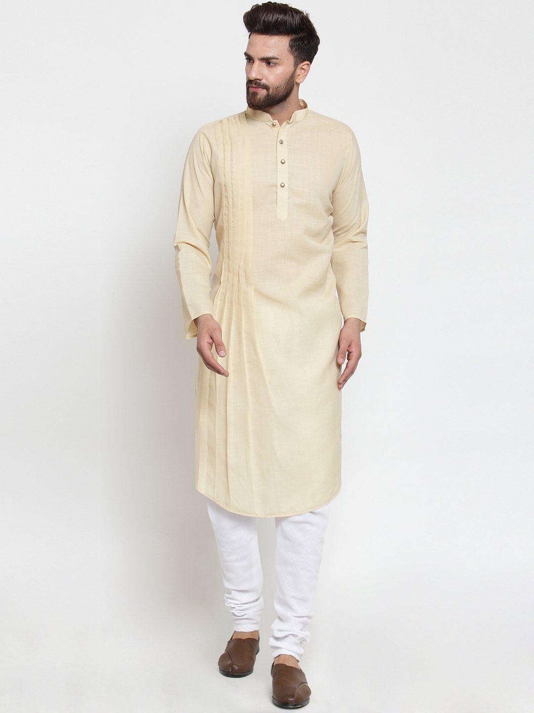 

TREEMODA Men Beige & White Solid Linen Kurta with Churidar