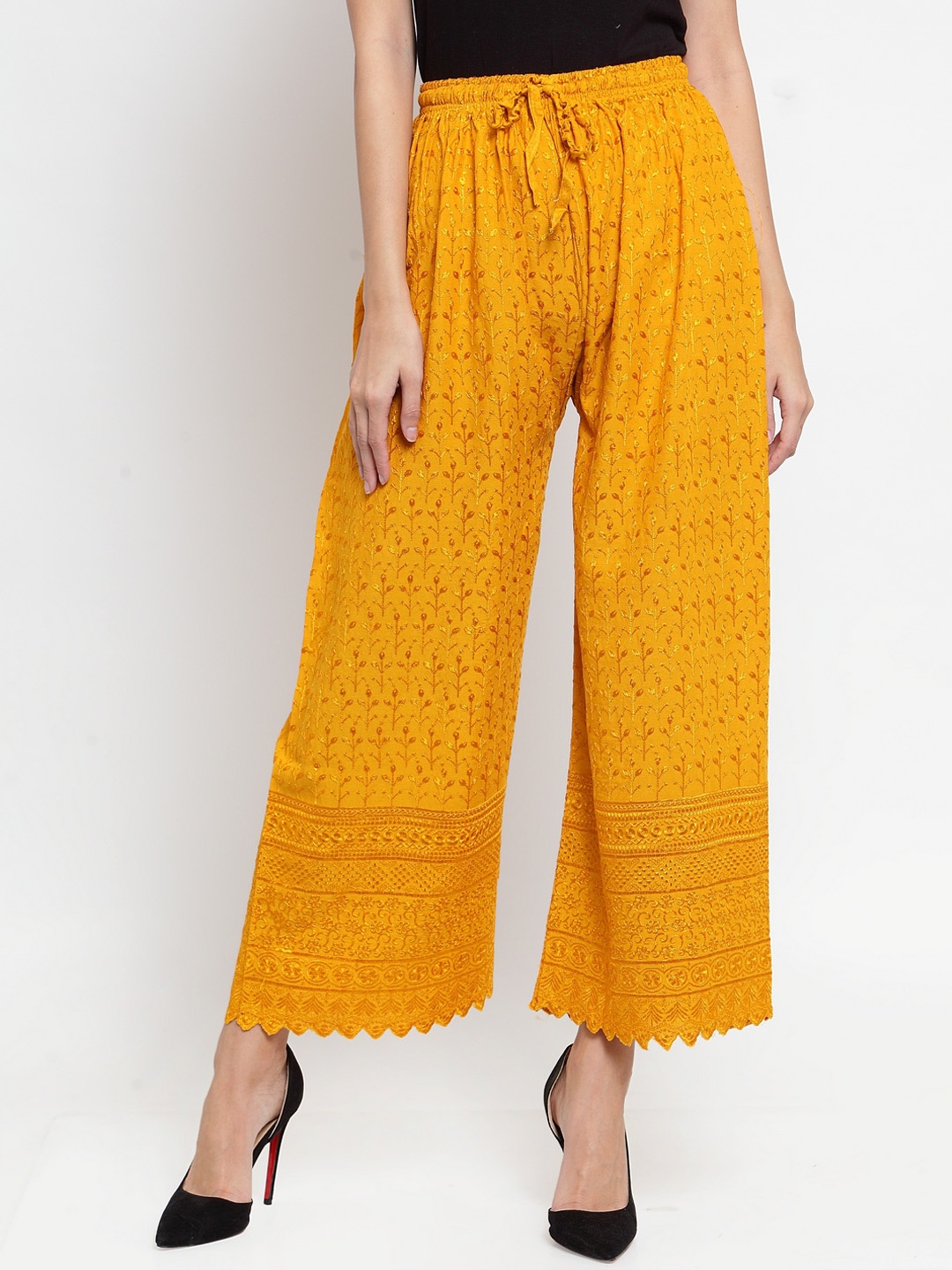 

Clora Creation Women Mustard Yellow Embroidered Chikankari Straight Palazzos