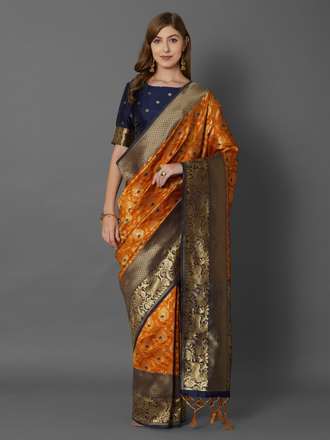 

Mitera Mustard Orange Silk Blend Woven Design Banarasi Saree
