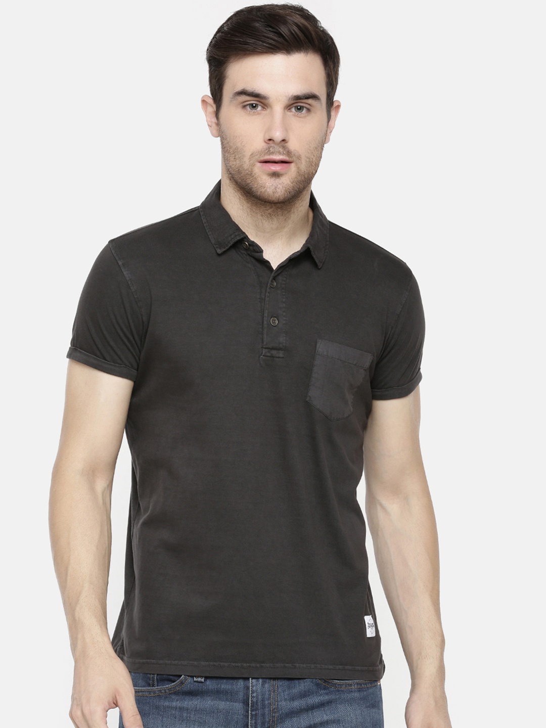 

Steenbok Men Charcoal Solid Polo Collar Pure Cotton T-shirt