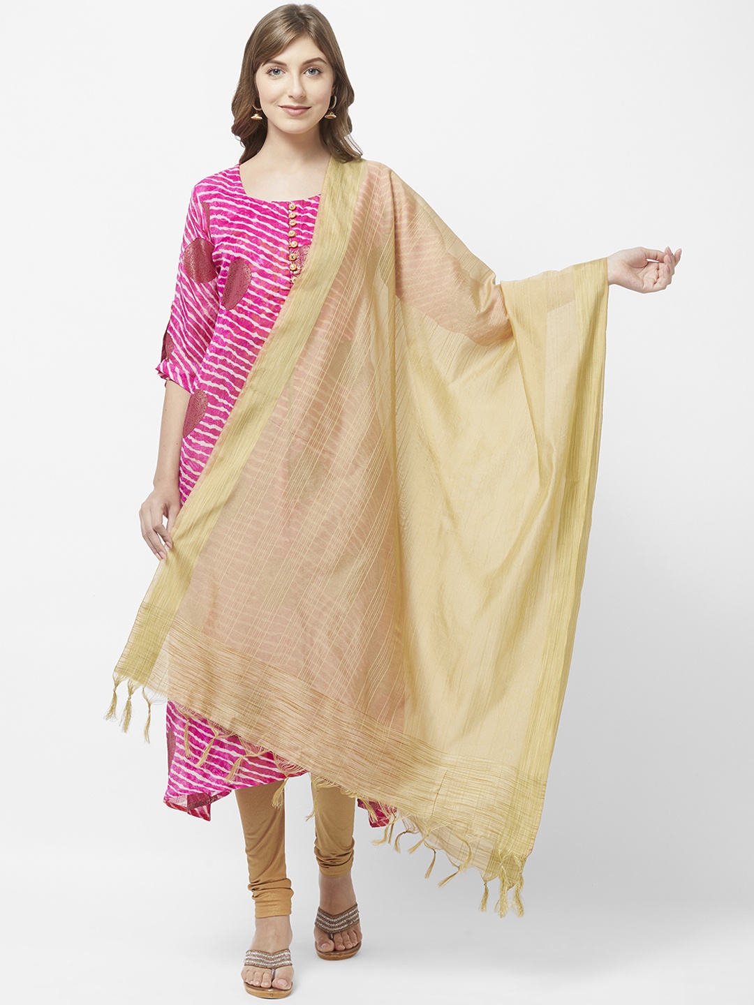 Dupatta Bazaar Beige & Gold-Toned Striped Dupatta