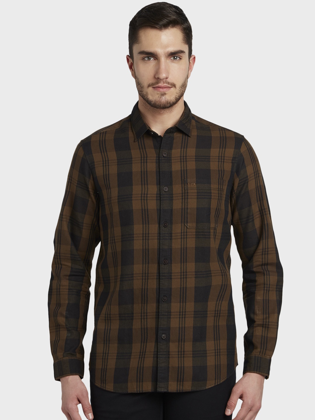 

ColorPlus Men Brown & Black Regular Fit Checked Casual Shirt