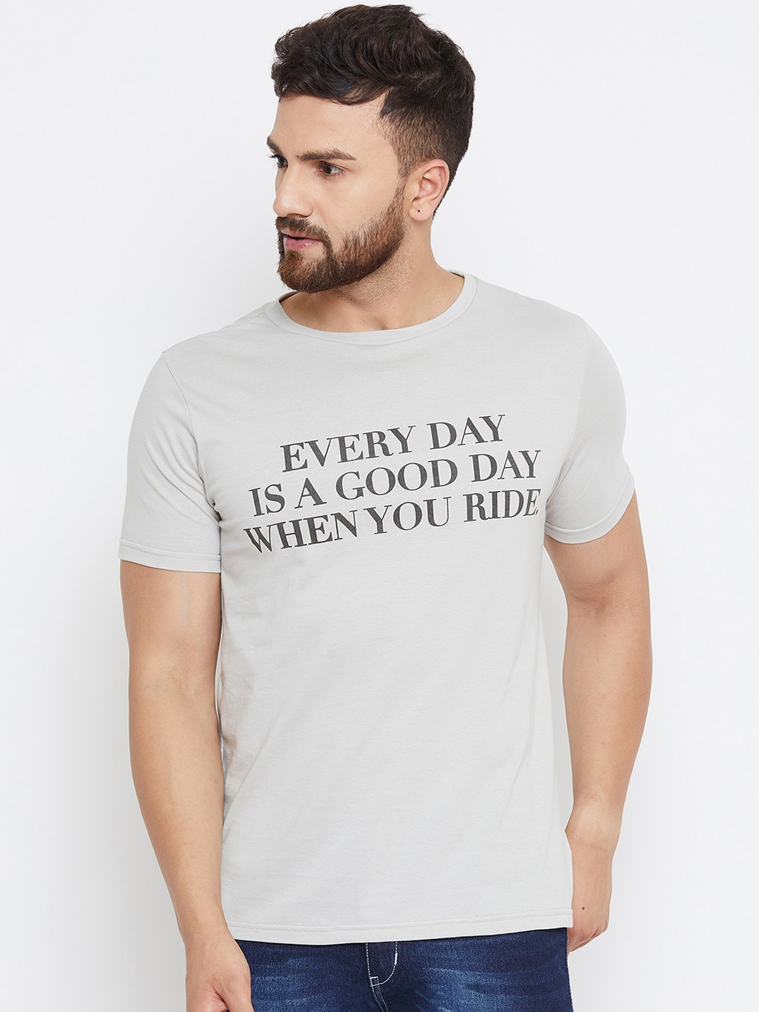 

JUMP USA Men Grey Printed Round Neck Pure Cotton T-shirt
