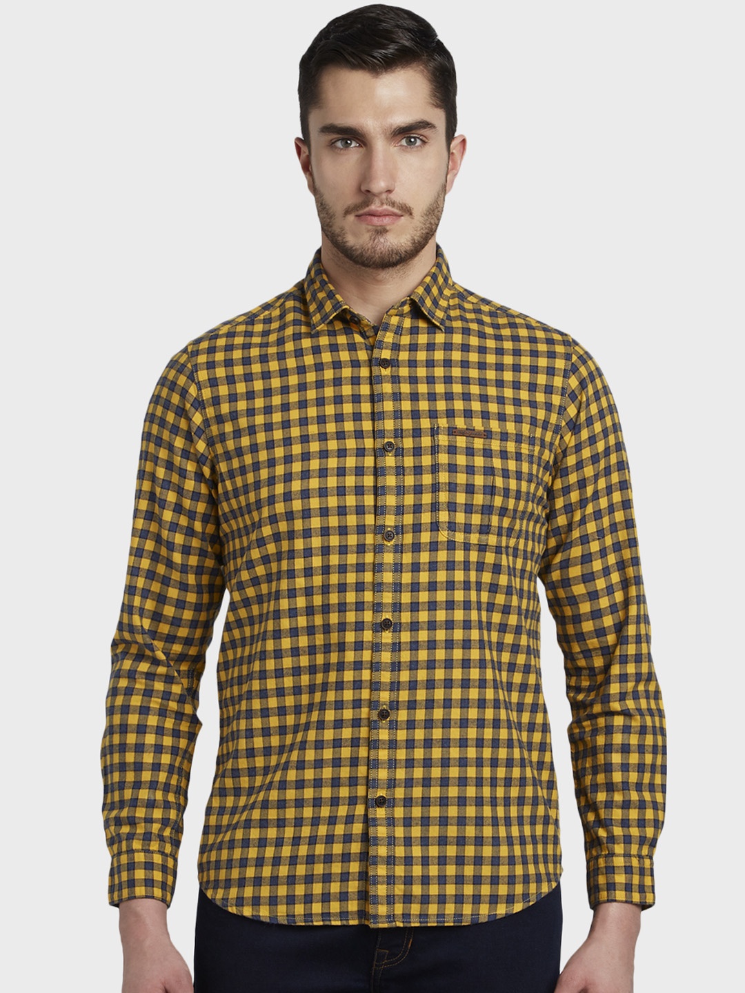 ColorPlus Men Yellow & Blue Regular Fit Checked Casual Shirt