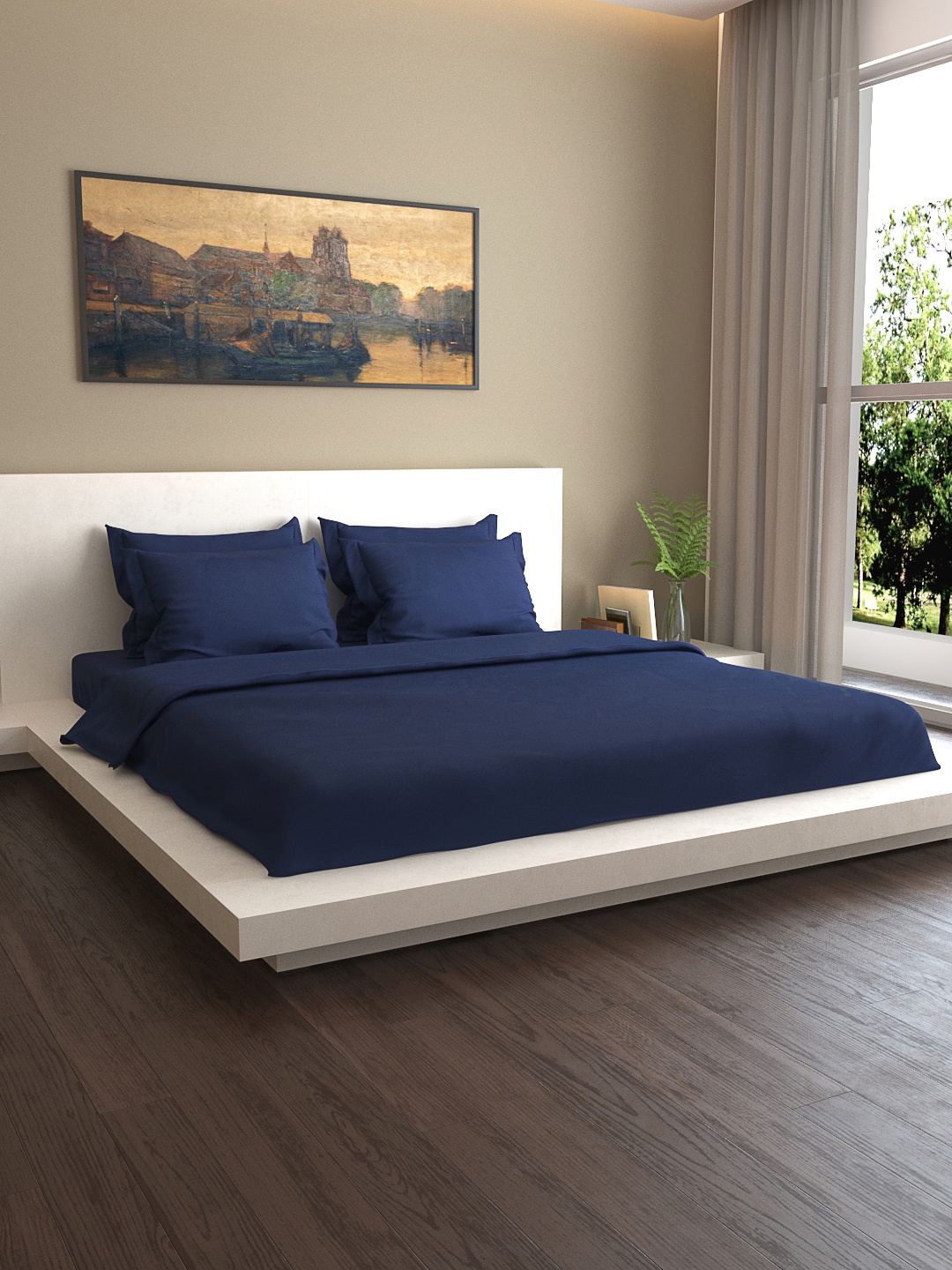 MARK HOME Navy Blue Solid 400TC Bedding Set With Duvet Cover