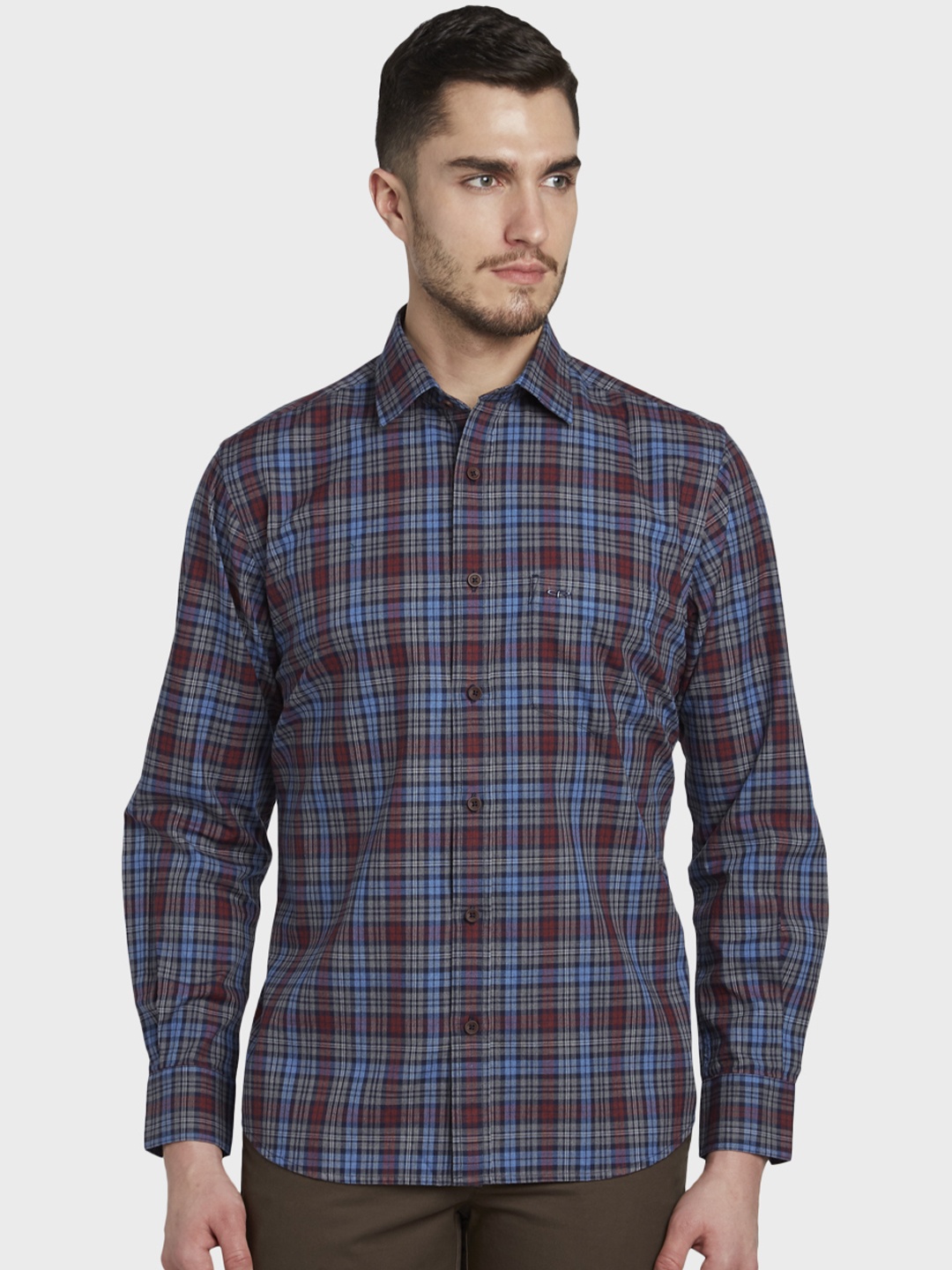 

ColorPlus Men Grey & Blue Tailored Fit Checked Casual Shirt