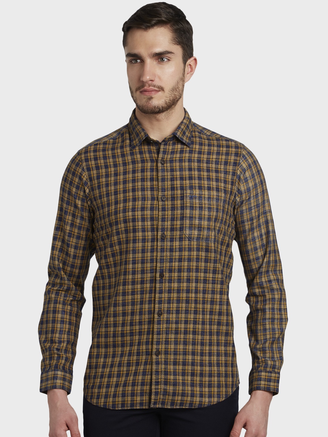 

ColorPlus Men Yellow & Blue Regular Fit Checked Casual Shirt