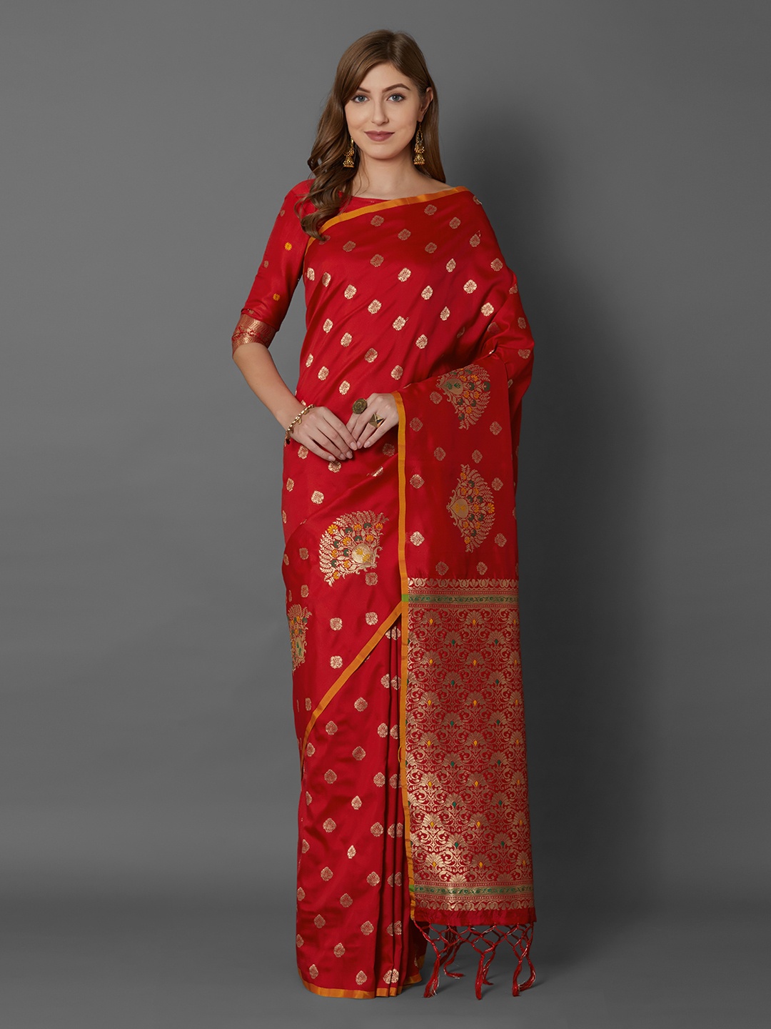 

Mitera Red & Gold-Coloured Silk Blend Woven Design Banarasi Saree
