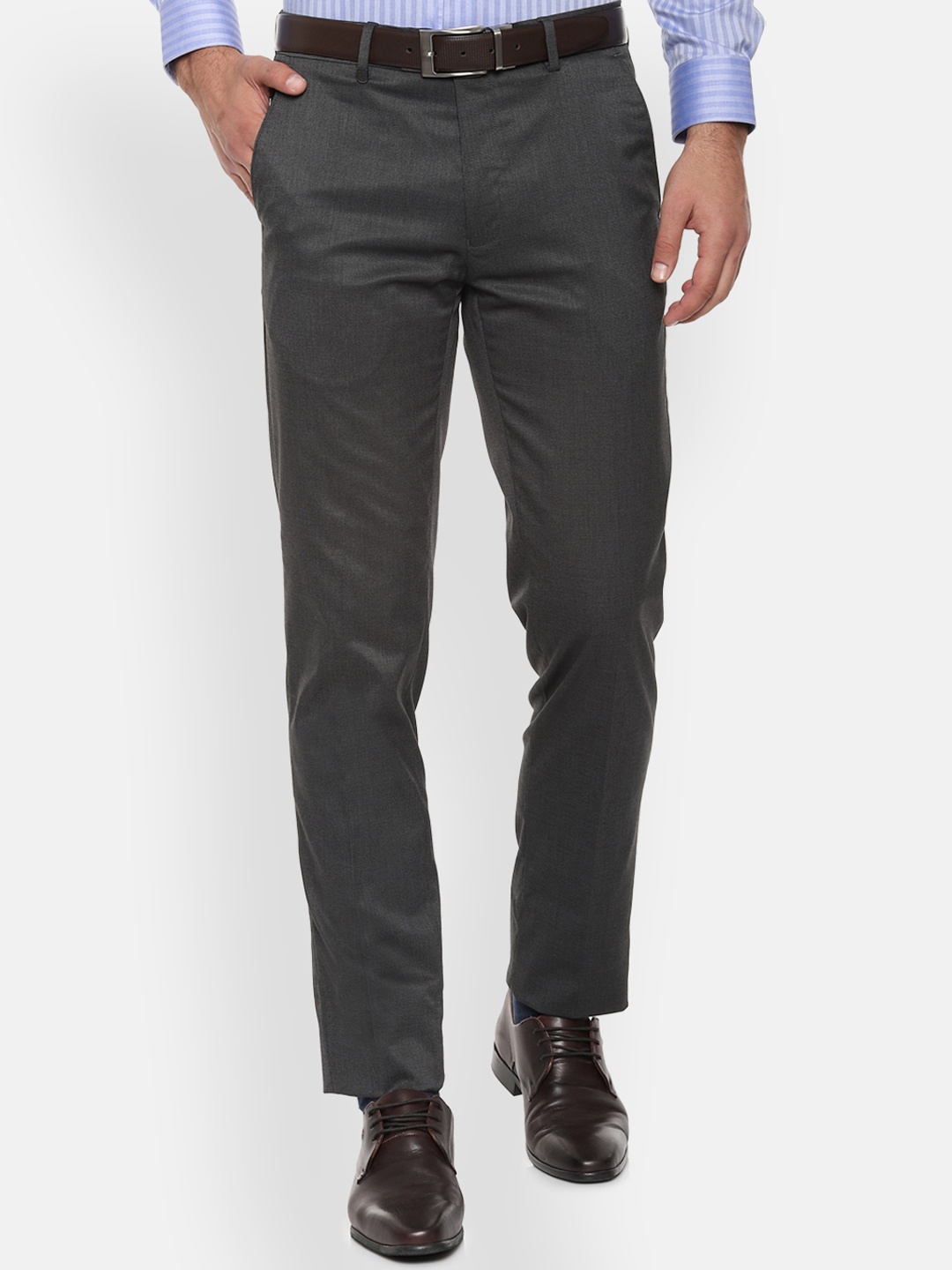 Van Heusen Men Grey Slim Fit Solid Formal Trousers