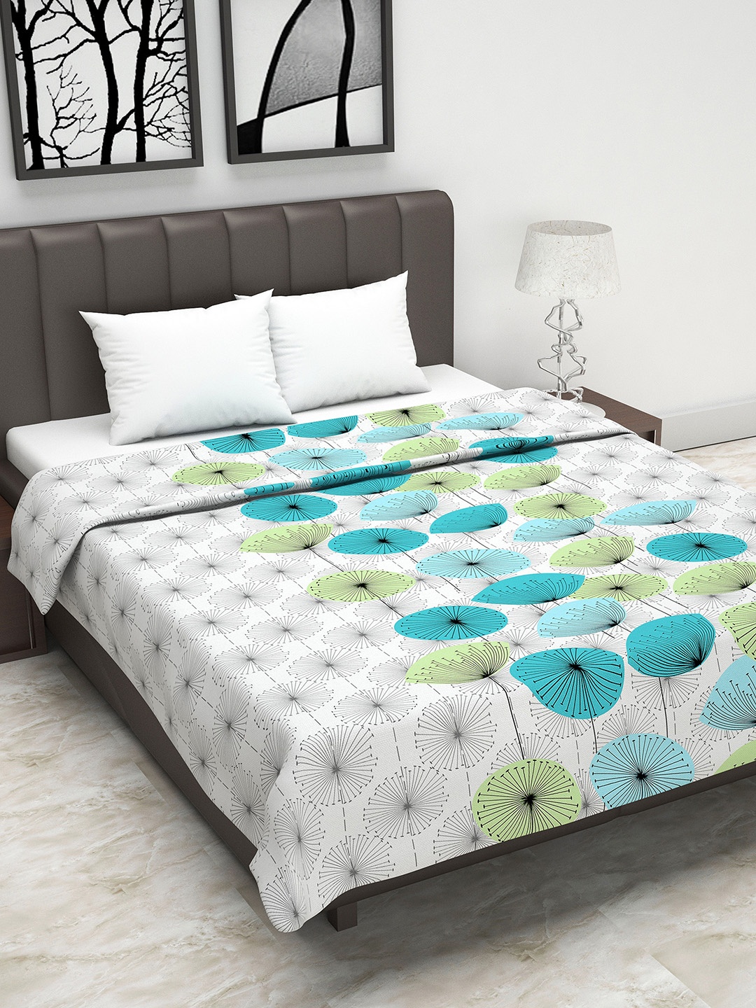 

Divine Casa Off-White & Turquoise Blue Floral AC Room 110 GSM Double Bed Dohar
