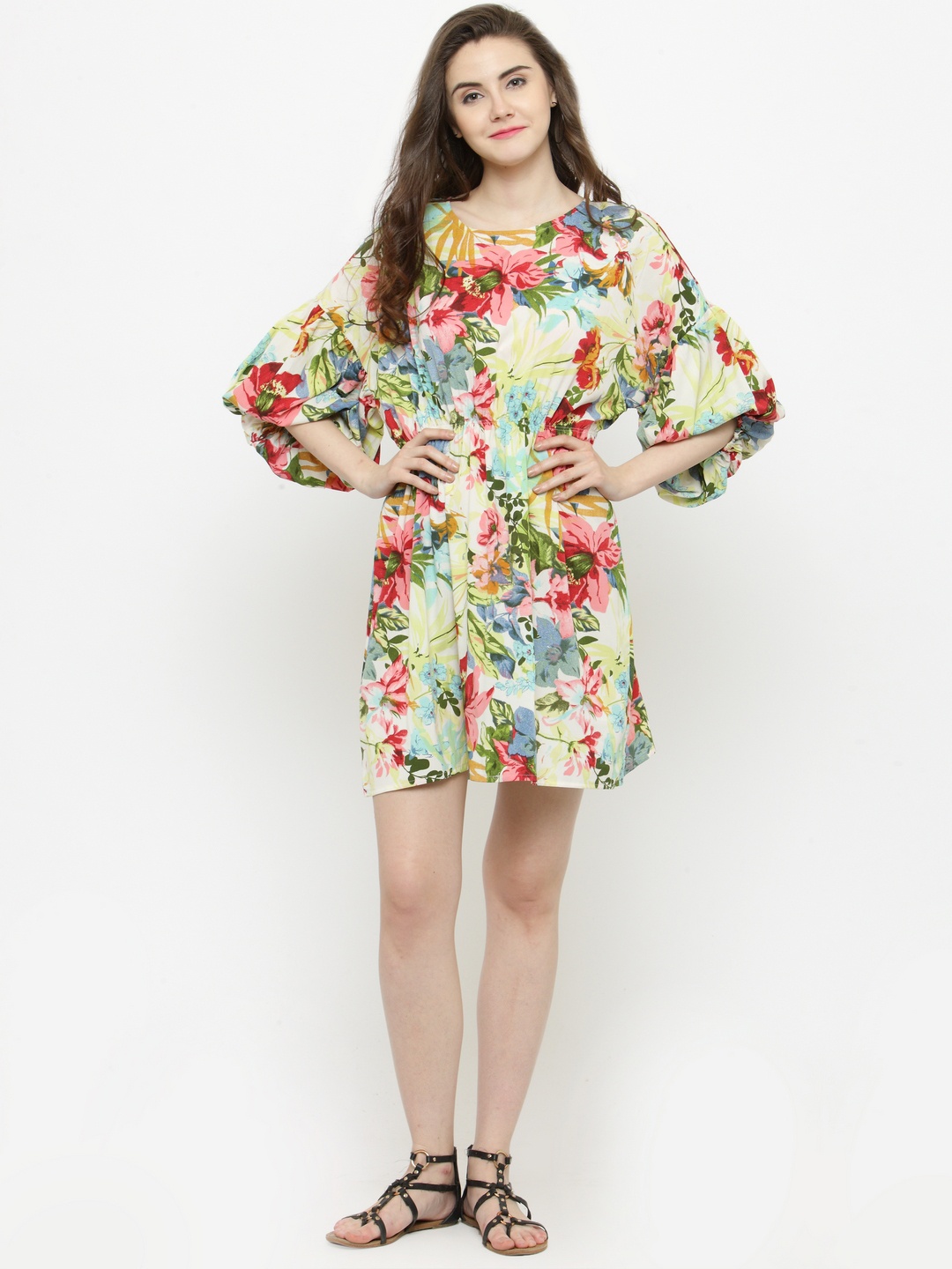 Sera Women Off-White & Pink Floral Print A-Line Dress
