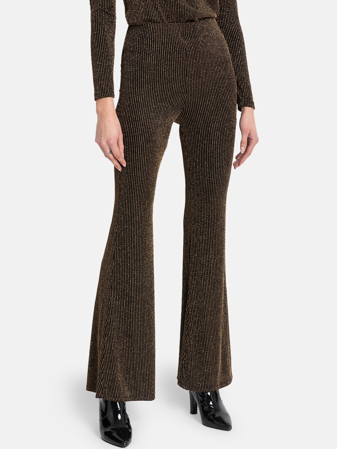 

Kazo Women Black & GoldEN Regular Fit Striped Parallel Trousers