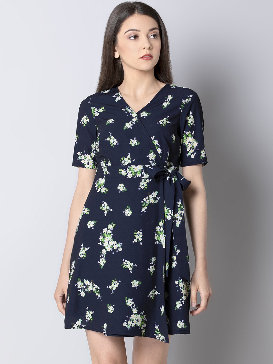 

FabAlley Women Navy Blue & Off-White Floral Print Wrap Dress