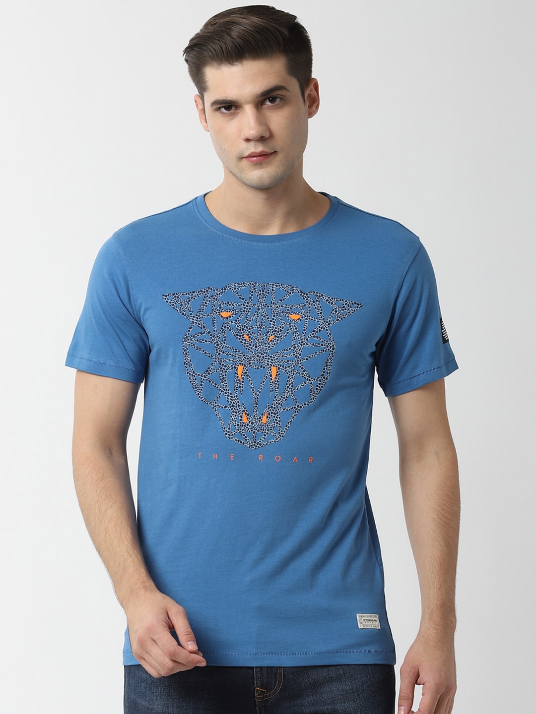 

Peter England Casuals Men Blue Printed Round Neck T-shirt
