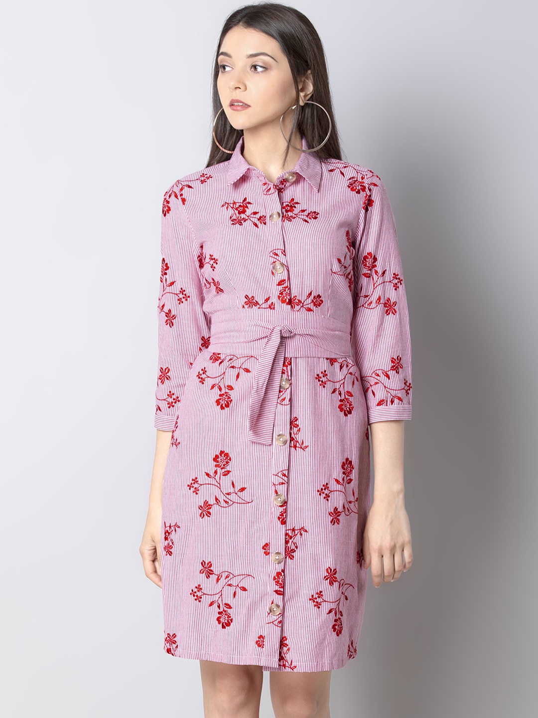 

FabAlley Women Red Striped with Floral Printed Detail Shirt Dress