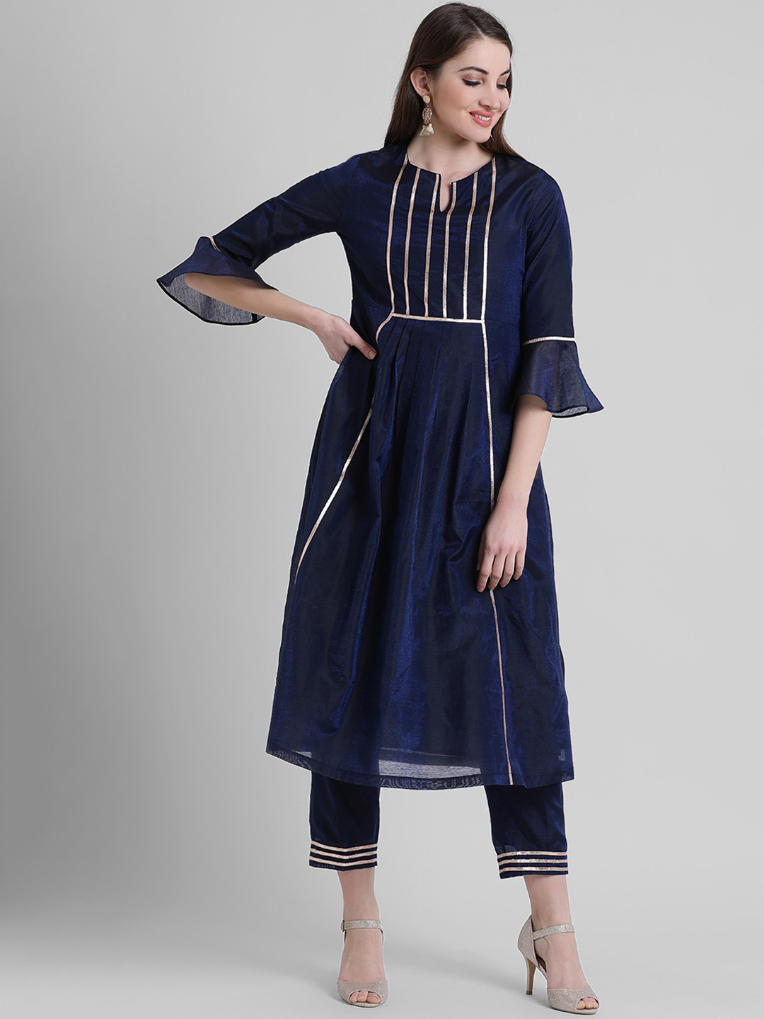 

Aayna Women Navy Blue Yoke Design A-Line Kurta With Gota Lace