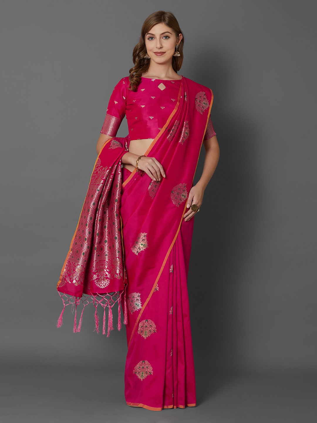 

Mitera Pink & Gold-Coloured Silk Blend Woven Design Banarasi Saree