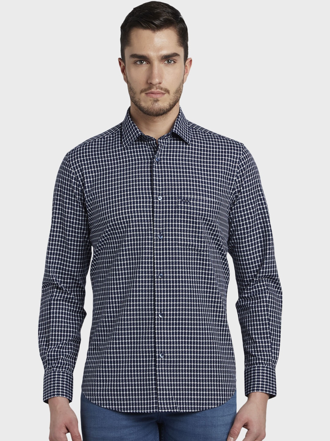 

ColorPlus Men Blue & White Tailored Fit Self Design Casual Shirt