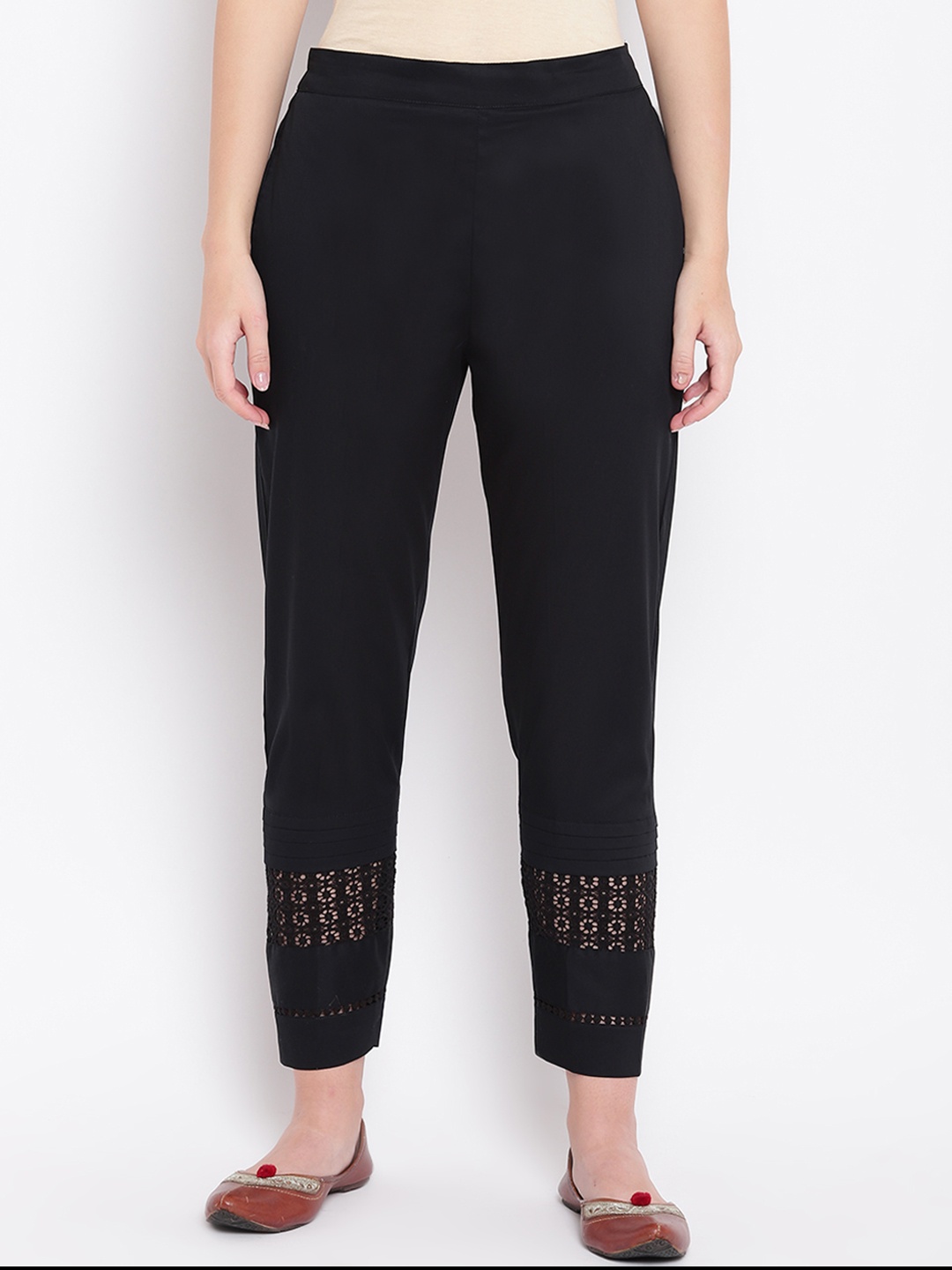 

RIVI Women Black Relaxed Fit Solid Regular Trousers with Lace Inserts