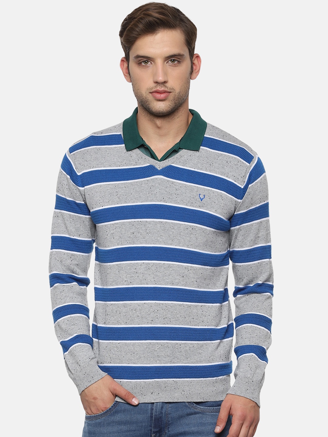 

Allen Solly Men Grey & Blue Striped Sweater